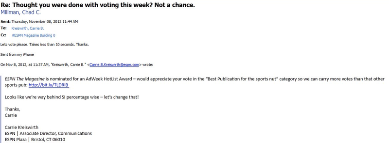 Illustration for article titled Editor Of ESPN The Magazine Asks Staff To Vote In Meaningless Online Poll So They Can Beat Sports Illustrated For Meaningless Bragging Rights